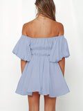 Off Shoulder Ruched Dress, Sexy Puff Sleeve Solid Dress For Spring & Summer, Women's Clothing