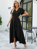 Vibrant Solid Color Ruffled Tulip Hem Dress - Elegant Surplice Neck, Delicate Sleeve Details, Flowy Design for Women - Perfect for Spring and Summer Seasons