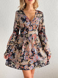 Paisley Print Layered Dress, Boho V Neck Long Sleeve Pleated Dress, Women's Clothing