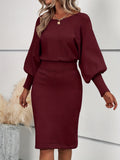 Chic Solid Color Crew Neck Sweater Dress - Women's Elegant Long Sleeve Cinched Waist Sweater Dress for Spring & Fall - Soft, Cozy, and Versatile Clothing for Ladies