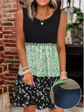 Floral Print Color Block Crew Neck Dress, Boho Sleeveless Tank Dress For Summer, Women's Clothing