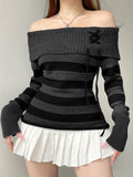 100% Polyester Elegant Off the Shoulder Striped Pullover Sweater for Women, Fall/Winter Collection with Lace-Up Detail