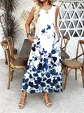 Floral Print Keyhole Dress, Boho Sleeveless Crew Neck Maxi Dress With Pocket, Women's Clothing