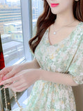 Short Sleeve For Spring & Summer Floral Print Shirred Waist Dress, Casual Women's Clothing