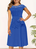 Elegant Lace Contrast Dresses, Cap Sleeve Crew Neck A Line Dresses With Belted, Women's Clothing