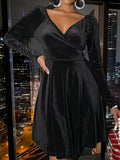 Plus Size Solid Velvet Swing Cinched Waist Dress - Elegant Long Sleeve V Neck, Flattering Fit for Spring & Fall, Women's Comfortable Clothing for Curvy Figures