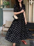 Polka-dot Print V-neck Aline Dress, Elegant Puff Sleeve Dress For Spring & Summer, Women's Clothing