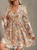 Paisley Print Tiered Flared Sleeve Dress, Boho V Neck A-line Dress For Spring & Fall, Women's Clothing