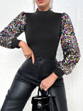 Vibrant Sequin Embellished Lantern Sleeve Top - Stylish Slim Fit, Versatile for Spring & Fall Seasons, Women's Fashion Clothing for Everyday Wear