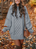 Cozy Cable Knit Sweater Dress - Soft, Casual, Solid-Colored, Long Sleeve, Comfortable, Relaxed Fit, Women's Winter Clothing, Everyday Wear, Office Lady Style