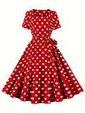 Vibrant Polka Dot A-Line Dress - Elegant Square Neck, Short Sleeve, Micro Elastic Polyester Fabric, Belted, Machine Washable, Random Print, All-Season Party Dress for Women