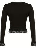 Y2K Inspired Contrast Lace Crop Top - Soft Scoop Neck, Long Sleeves, Slim Fit for Spring & Fall - A Fashionable Womens Wardrobe Staple