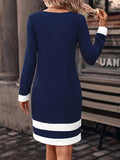 Striped Crew Neck Dress, Elegant Long Sleeve Slim Fit Dress For Spring & Fall, Women's Clothing