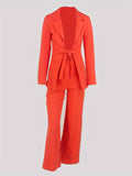 Two-piece Set, Long Sleeve Tie Front Blazer & Tailored Pants Outfits, Casual Solid Women's Clothing