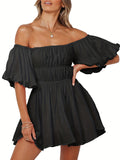 Off Shoulder Ruched Dress, Sexy Puff Sleeve Solid Dress For Spring & Summer, Women's Clothing