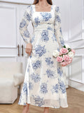 Stunning Floral Print Square Neck A-line Maxi Dress - Women's Elegant Long Sleeve Dresses for Spring & Fall - Comfortable, Flowy, and Versatile Clothing for Various Occasions