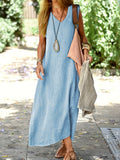 Zjkrl  -  Vibrant Solid Color V-Neck Maxi Dress - Fashionable Sleeveless & Loose Fit - Perfect for Summer & Spring - Womens Casual Everyday Wear