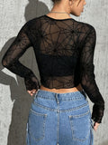 Women's Spiderweb Print Sheer Mesh Long Sleeve Crop Top, Polyester Knit Fabric with Spandex, Y2K Style Crew Neck T-Shirt, All Season Wear, Solid Color - Regular Length