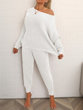 Casual Solid Two-piece Knit Set, Long Sleeve Slant Shoulder Top & Drawstring Pants Outfits, Women's Clothing