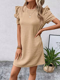 Chic Puff Sleeve Spring & Summer Dress - Women's Elegant Crew Neck Midi, Breathable Comfort for Day-to-Night Sophistication