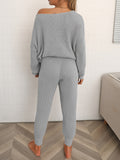 Casual Solid Two-piece Knit Set, Long Sleeve Slant Shoulder Top & Drawstring Pants Outfits, Women's Clothing