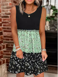 Floral Print Color Block Crew Neck Dress, Boho Sleeveless Tank Dress For Summer, Women's Clothing