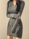 Solid Knit Sweater Dress, Elegant V Neck Long Sleeve Bodycon Dress For Fall & Winter, Women's Clothing