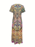 Ethnic Floral Print Dress, Boho V Neck Short Sleeve Maxi Dress, Women's Clothing