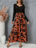 Floral Print Splicing Dress, Casual Long Sleeve Maxi Dress, Women's Clothing