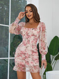 Stunning Floral Lace-Up Ruched Flounce Sleeve Women's Party Dresses - Elegant Evening Wear with Adjustable Waist, Flowy Skirt, and Delicate Lace Details - Women's Clothing for Special Occasions