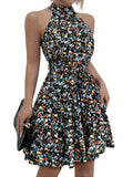 Vibrant Ditsy Floral Halter Dress - Fashion-Forward Style for Spring & Summer Vacations - Lightweight, Casual Womens Clothing