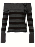 100% Polyester Elegant Off the Shoulder Striped Pullover Sweater for Women, Fall/Winter Collection with Lace-Up Detail