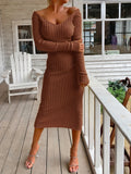 Zjkrl  -  Ribbed Midi Dress, Casual V Neck Long Sleeve Bodycon Dress, Women's Clothing