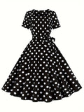 Vibrant Polka Dot A-Line Dress - Elegant Square Neck, Short Sleeve, Micro Elastic Polyester Fabric, Belted, Machine Washable, Random Print, All-Season Party Dress for Women