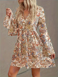 Paisley Print Tiered Flared Sleeve Dress, Boho V Neck A-line Dress For Spring & Fall, Women's Clothing