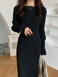 Zjkrl - Simple Long Sleeves Black Split-Joint Elasticity Waist Pleated Midi Dress