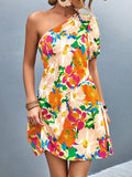 Zjkrl - A-Line Bishop Sleeve Flower Print Split-Joint One-Shoulder Mini Dresses