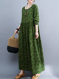 Zjkrl - Artistic Retro Long Sleeves Loose Floral Printed Round-Neck Midi Dresses