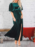 Zjkrl - Fashion Velvet Round Neck High Slit Maxi Dresses