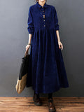 Zjkrl - Vintage Split-Joint Solid Color Long Sleeves Lapel A-Line Corduroy Midi Dress