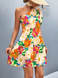 Zjkrl - A-Line Bishop Sleeve Flower Print Split-Joint One-Shoulder Mini Dresses