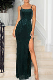 Zjkrl - Green Sexy Patchwork Sequins Backless Slit Spaghetti Strap Evening Dress Dresses