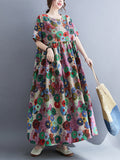 Zjkrl - Vintage Loose Multi-Colored Floral Printed Midi Dress