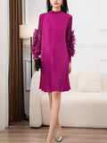 Zjkrl - Long Sleeves Loose Embroidered Pleated Solid Color Round-Neck Midi Dresses