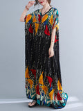 Zjkrl - Ethnic Printed Vintage Super Loose Batwing Sleeve Dress