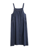 Vintage Loose Artistic Retro Solid Color Strap Denim Midi Dress