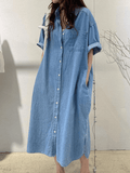 Zjkrl - Vintage Lapel Single Breasted Casual Pocket Denim Dress