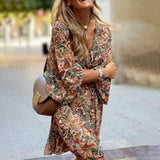 Zjkrl - Boho Tribal Printed V Neck Long Sleeve Mini Dress