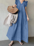 Zjkrl - Fly-sleeve Denim Tie Back V-Neck Long Dress