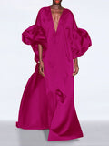 Zjkrl - Loose Puff Sleeves Solid Color V-Neck Maxi Dresses